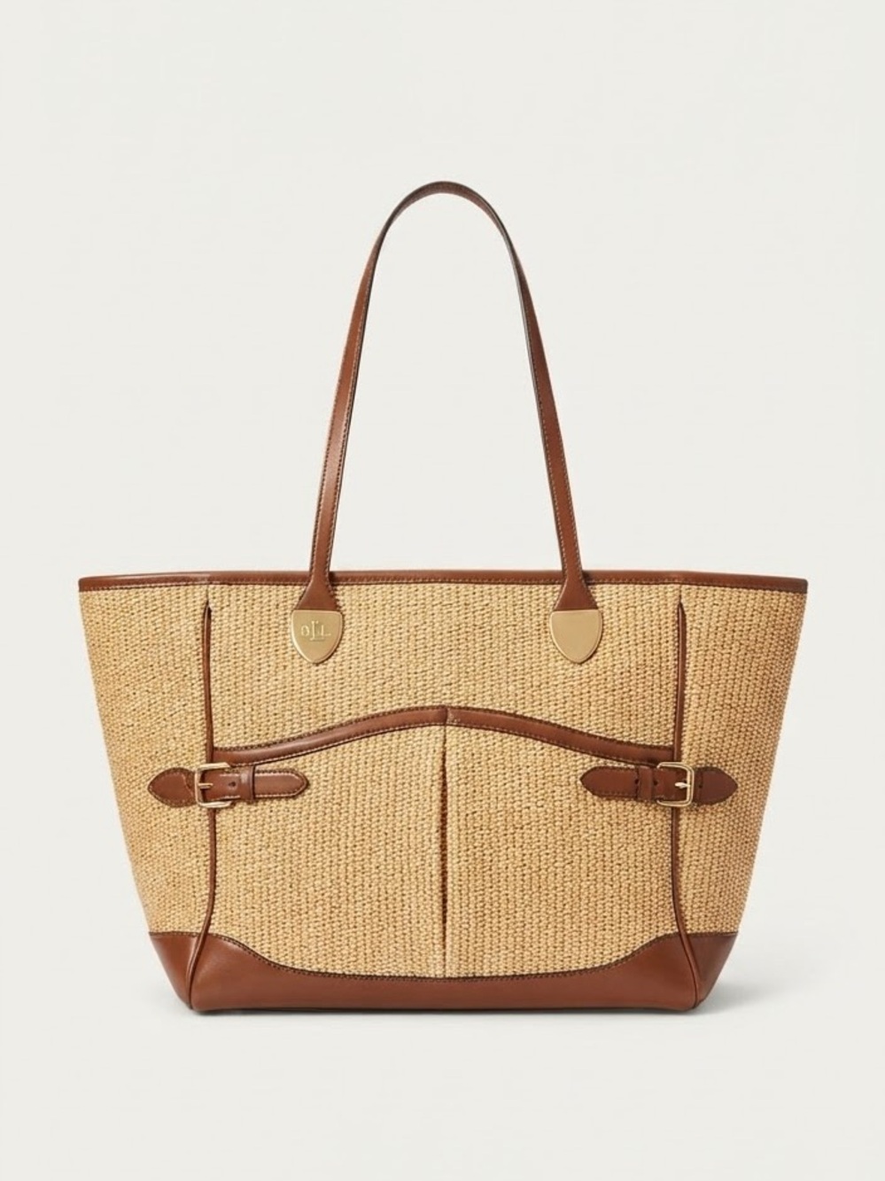 Lauren Ralph Lauren Straw Woven Tote Bag Brown Leather Trim Gold RL Logo Preowne